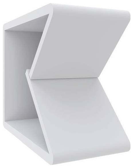 Ein moderner, minimalistischer weißer Beistelltisch mit einem einzigartigen Zickzack-Design, der einen offenen Stauraum in der Mitte aufweist.