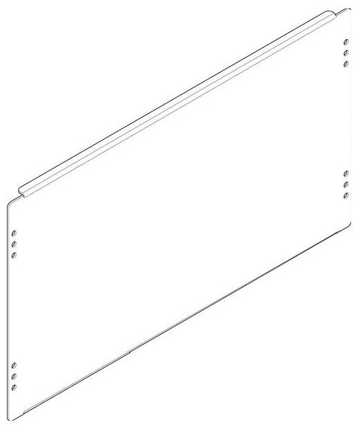 Eine 3D-Darstellung einer rechteckigen Metallplatte mit abgerundeten Ecken und mehreren Löchern an jeder Seite, höchstwahrscheinlich eine Halterung oder Montageplatte.