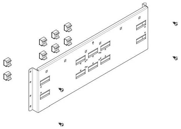 Eine technische Zeichnung, die ein Metallpanel mit mehreren Schlitzen und Schraubenlöchern zeigt, begleitet von kleinen separaten Komponenten, die um das Panel herum positioniert sind.