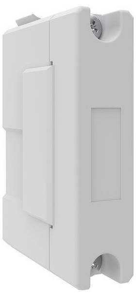 Eine Nahaufnahme einer rechteckigen, weißen elektrischen Komponente mit sichtbaren Schrauben auf der Ober- und Unterseite.