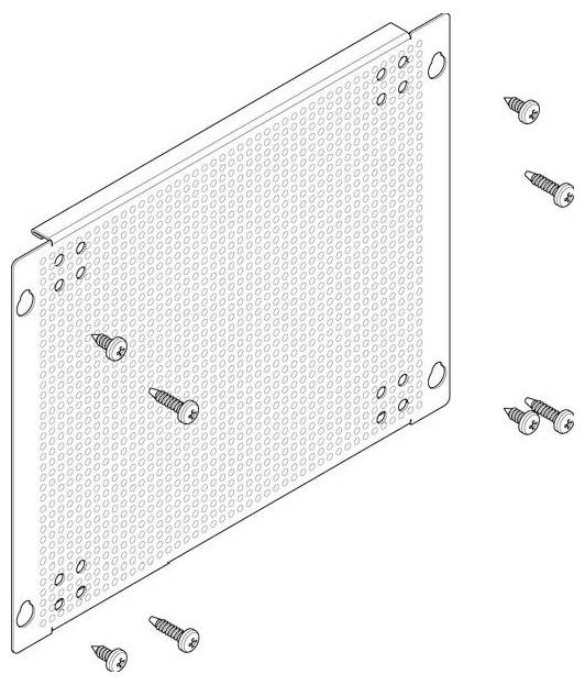 Darstellung einer gelochten Metallmontagehalterung mit für die Montage positionierten Schrauben, die die Ausrichtung und Befestigungspunkte der Platte zeigt.