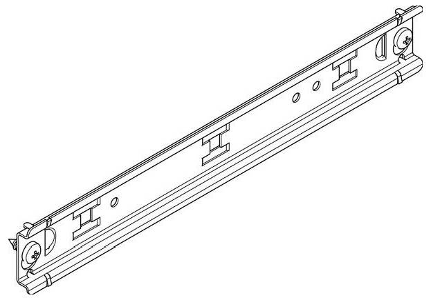 Darstellung einer Metallauszugsschiene, die ihre flache, langgestreckte Struktur mit mehreren Löchern und Schlitzen zur Montage und Einstellung zeigt.