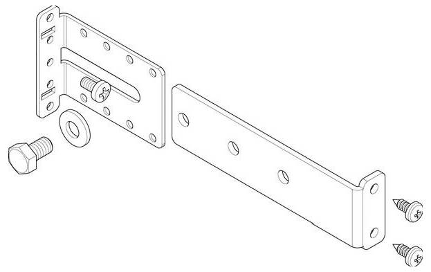 Diagramm einer mechanischen Scharnieranordnung mit Einzelteilen: eine Scharnierplatte mit Schrauben, ein Bolzen, eine Scheibe und eine weitere Platte.
