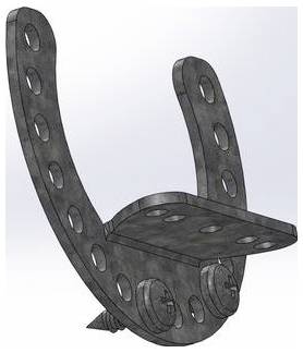 Eine 3D-Darstellung einer Metallhalterung mit zwei gekrümmten Armen mit mehreren Löchern, die eine flache Plattform mit vier Löchern trägt.