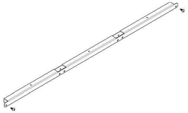 Eine Linienzeichnung einer langen Metallschiene mit Löchern und Abschnitten, die so gestaltet sind, dass sie ineinander passen, möglicherweise Teil einer mechanischen oder strukturellen Baugruppe.