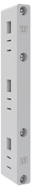 Eine graue Metallhalterung mit fünf symmetrischen Aussparungen und drei beschrifteten Schrauben 'L1', 'L2' und 'L3' auf der rechten Seite.