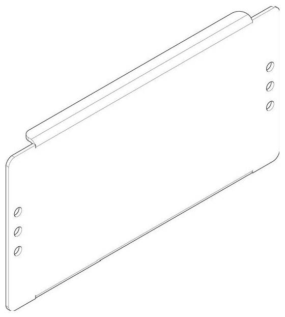 Ein Diagramm eines rechteckigen Panels mit einem vorstehenden oberen Abschnitt und zwei Sätzen mit je drei kreisförmigen Ausschnitten an jeder Seite.