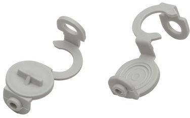 Zwei weiße Kunststoff-Sicherheitsverriegelungen, jeweils mit einer kreisförmigen Verschluss-Konstruktion, zum Sichern von Schränken oder Schubladen, um unbefugten Zugang zu verhindern.