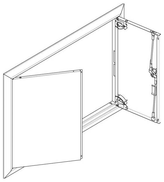 Technische Zeichnung einer Schrankturniermechanik, die sowohl die geöffnete als auch die geschlossene Position zeigt.