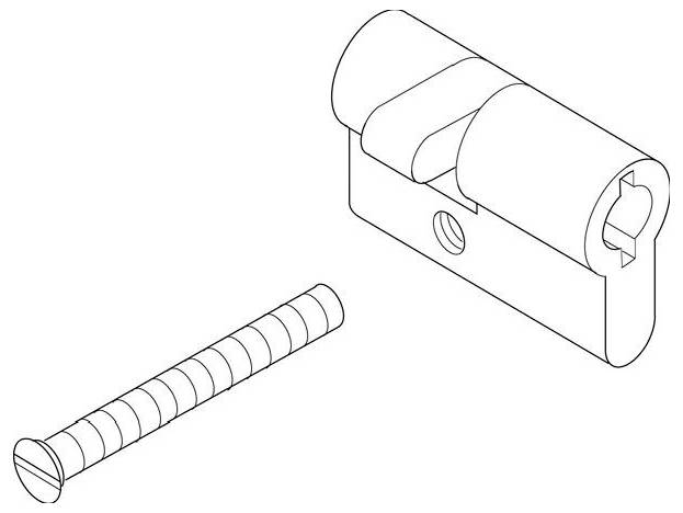 Darstellung eines zylindrischen Schlossgehäuses und einer Schraube mit gerilltem Schaft, die wahrscheinlich Montagebauteile darstellen.