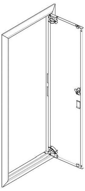 Linienzeichnung einer offenen Metalltür mit Rahmen, Scharnieren, Schlössern und sichtbaren Türgriffmechanismen.