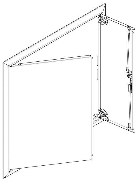Eine 3D-Darstellung eines offenen, dreieckigen Zugangspanels an einer Wand, die seinen inneren Rahmen und die Scharniere zeigt, konzipiert für den Zugang zu Versorgungseinrichtungen in Gebäuden.