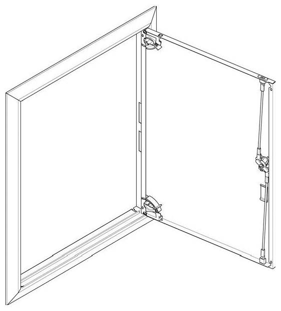 „Linienzeichnung einer offenen Tür mit Scharnieren und Verriegelungsmechanismus, die Komponenten und Montagdetails veranschaulicht.