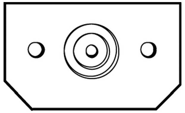 „Eine sechseckige Form mit einem zentralen kreisförmigen Muster und zwei kleineren Kreisen an beiden Seiten, die einem stilisierten Gesichtsdesign ähnelt.