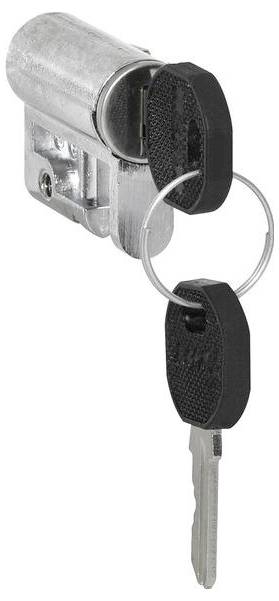 Ein Metallschloss-Zylinder mit einem eingelegten Schlüssel und einem weiteren Schlüssel, der an einem Ring befestigt ist, der einen Verschlussmechanismus andeutet.