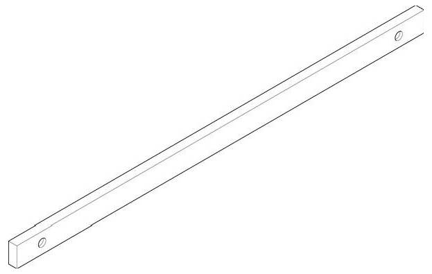 Eine isometrische Linienzeichnung eines langen, schmalen Metallträgers mit zwei Löchern an einem Ende, möglicherweise für mechanische oder Konstruktionszwecke.