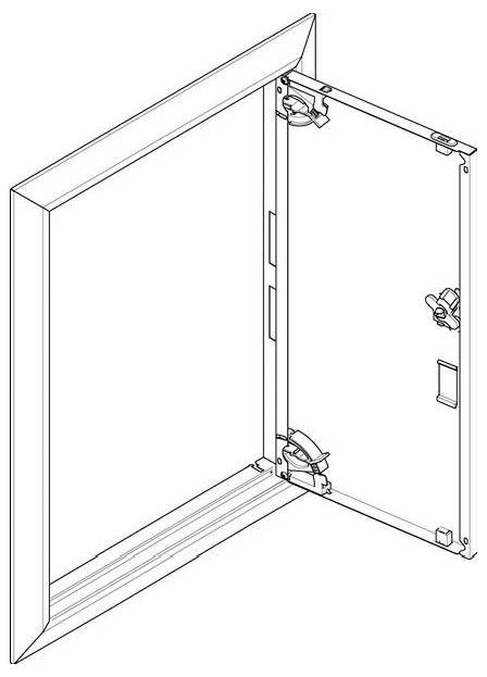 Eine Darstellung eines offenen, gegliederten Posterrahmens, der eine Rückwand und Eckklemmen zum sicheren Befestigen des Posters zeigt.
