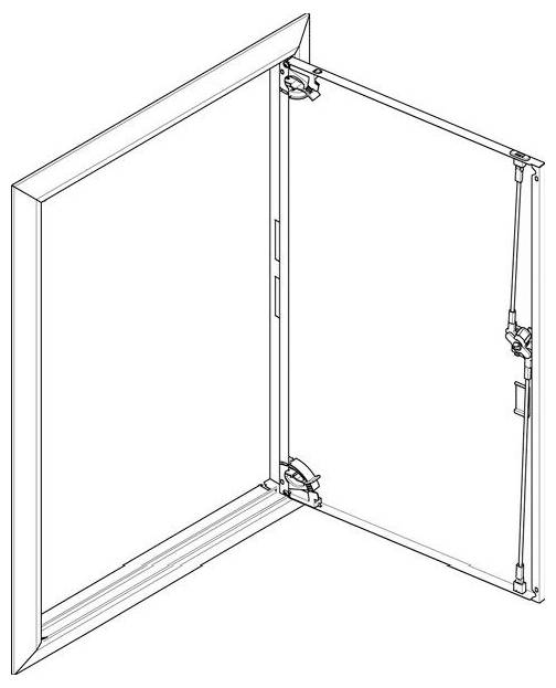 Linienzeichnung einer geöffneten Schranktür mit sichtbaren Scharnieren und Rahmen, die den Mechanismus zum Anbringen der Tür am Rahmen zeigt.