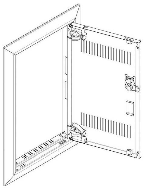 Eine Skizze eines offenen rechteckigen Metallzugangsblocks mit sichtbaren Scharnieren und Verriegelungen an der Tür, konzipiert für Wandinstallationen.