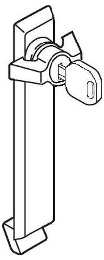 Eine Linienzeichnung eines Schlüssels, der in einen vertikalen Schließmechanismus eingeführt wird, die zeigt, wie beide ineinandergreifen, höchstwahrscheinlich zur Veranschaulichung eines Schließdesigns.