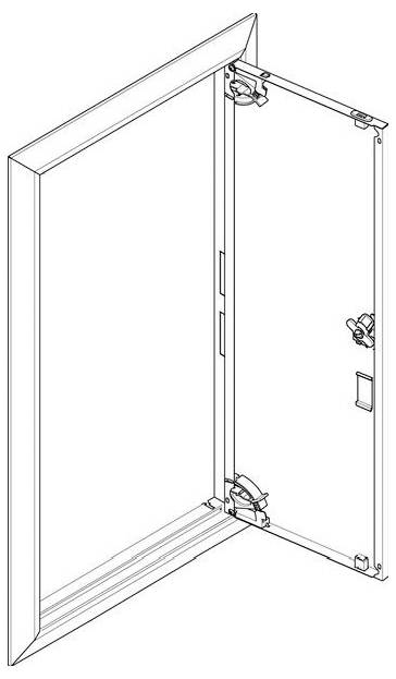 Eine offene Skizze einer Metallrahmenstruktur mit Scharnieren und zwei kreisförmigen Verriegelungsmechanismen am Rahmen, die detaillierte mechanische Bauteile zeigt.