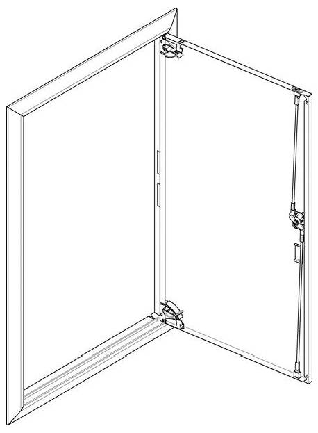 Diagramm einer Tür, die den Scharnierungsmechanismus und den Rahmen zeigt. Die Tür ist leicht geöffnet und hebt die verstellbaren Scharniere und den Riegelbereich hervor.