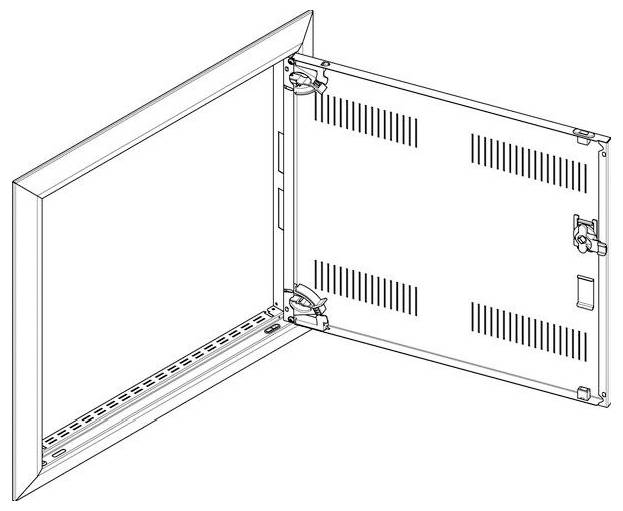 Eine Linienzeichnung eines Scharnierflügels mit Lüftungsschlitzen, der geöffnet dargestellt ist. Die Zeichnung konzentriert sich auf die Scharniere und das Design des Flügels.