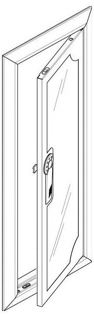 Eine 3D-Linienzeichnung eines offenen Fensterrahmens mit einer geschlossenen Glasscheibe und einem Griff an der Seite, die seinen Mechanismus und seine Gestaltung zeigt.