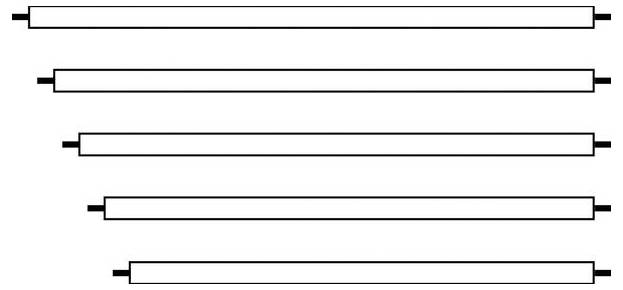 Fünf horizontale Linien mit kurzen abstehenden Segmenten an beiden Enden, gleichmäßig angeordnet und parallel, die einem einfachen Schaltschema ähneln.