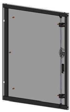 Ein metallgerahmtes transparentes Panel mit Scharnieren und einem Verschlussmechanismus auf der rechten Seite, das einer Tür- oder Fensterkomponente ähnelt.