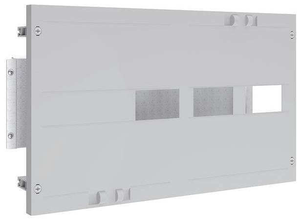 Ein Metallpanel mit drei rechteckigen Öffnungen und Schrauben an jeder Ecke, konzipiert zur Montage oder Abdeckung von elektrischen oder mechanischen Komponenten.