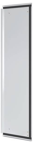 Eine hohe, rechteckige Glastür mit Metallrahmen, die auf der linken Seite ein Scharnier und kleine Befestigungsschrauben an den Ecken aufweist.