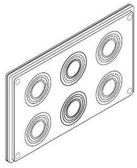 Darstellung einer rechteckigen Dichtung mit sechs gleichmäßig in zwei Reihen angeordneten kreisrunden Dichtungen. Verwendet in mechanischen oder industriellen Anwendungen.
