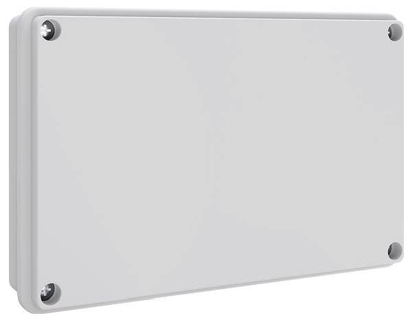 Eine rechteckige weiße Elektro-Anschlussdose mit abgerundeten Kanten und vier sichtbaren Schrauben an den Ecken.