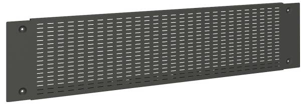 Ein schwarzes, gelochtes Serverrack-Panel mit belüfteten Schlitzen, entwickelt zur Verbesserung der Luftzirkulation und Reduzierung von Staubansammlung in elektronischen Gerätegehäusen.