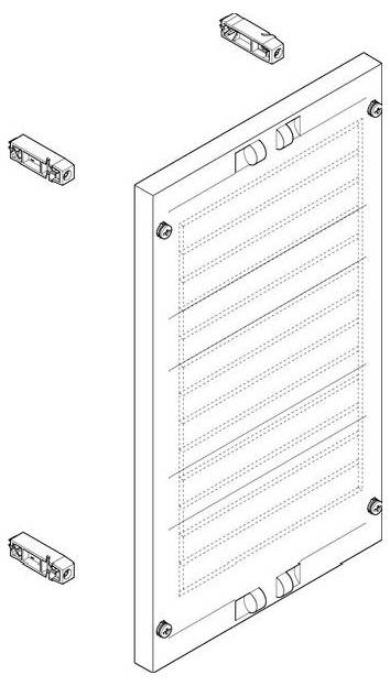 Diagramm eines rechteckigen Metallblatts mit einem detaillierten Muster und vier abgelösten Befestigungsclips, die es umgeben.