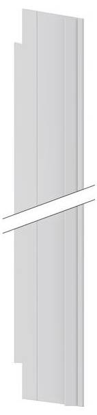 Ein dünnes, vertikales Stück aus hellem Grau-Holz oder Laminat ist diagonal gespalten, wodurch zwei separate Paneele mit einem einfachen, gerillten Design entstehen.