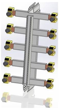 Sammelschiene mit sechs Anschlusseinheiten, wobei jede Einheit Bolzen und Kupferplatten aufweist. Eine zentrale Metallstütze trägt die Struktur.