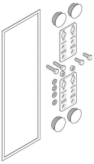 Explosionszeichnung eines Montageset für einen rechteckigen Spiegel, die Schrauben, Bolzen, Unterlegscheiben und Montageklammern in einer detaillierten Ansicht zeigt.