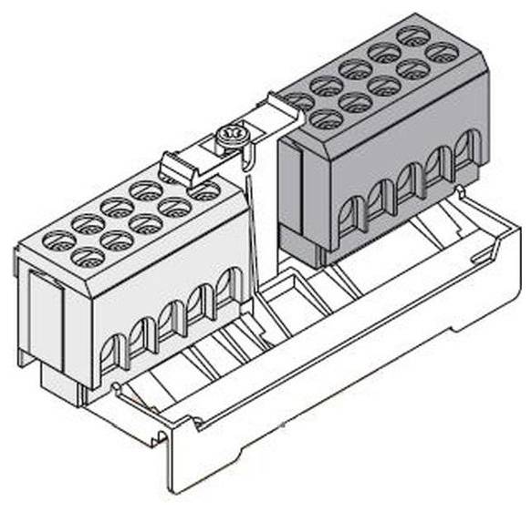 Technische Zeichnung eines modularen Anschlussblocks mit zwei Sätzen von Anschlüssen, auf einer Hutschiene montiert.