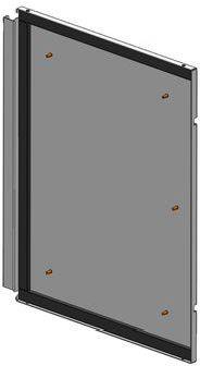 Ein rechteckiges graues Panel mit einem schwarzen Rand und vier kleinen, kreisförmigen orangefarbenen Befestigungen.