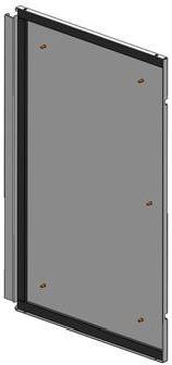 Ein Diagramm einer rechteckigen Glasscheibe mit einem schwarzen Rahmen, gesichert durch sechs sichtbare Schrauben. Die Scheibe wird in vertikaler Position dargestellt.