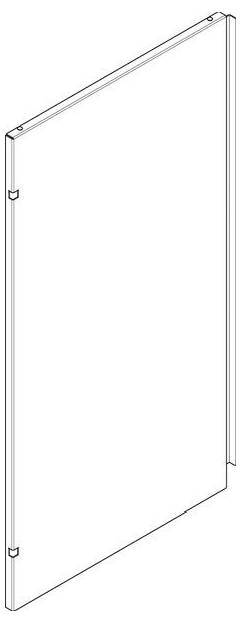 Isometrische Zeichnung eines flachen, rechteckigen Panels mit Aussparungen an der Seite, wahrscheinlich Teil einer Struktur oder Baugruppe.