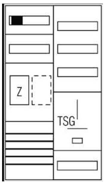 Schematische Darstellung mit beschrifteten Abschnitten: Z, TSG; mehrere Rechtecke und Balken deuten auf Komponenten oder Module hin, möglicherweise ein elektronisches Layout.