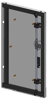 Bild eines mechanischen Verschließsystems an einer Paneeltür mit mehreren Riegeln und einem Griffmechanismus vor einem grauen Hintergrund.