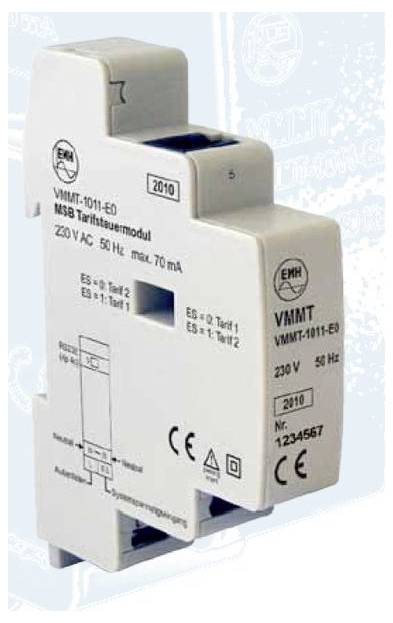 Ein weißes elektronisches Gerät mit der Bezeichnung 'MSB Tariftaktmodul' mit dem Modell 'VMMT-1011-E0', das die Spannung (230 V AC, 50 Hz) und den maximalen Strom (70 mA) anzeigt.