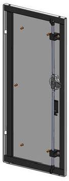 Eine rechteckige Metalltür mit einem vertikalen Riegelungsmechanismus an einer Seite. Der Riegel ist mit einem zentralen Verschlusssystem verbunden.