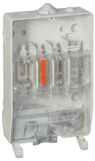 Eine elektrische Sicherungsbox mit transparentem Deckel, der die internen Komponenten zeigt, einschließlich sichtbarer Schlitze für Sicherungen und eines Drahtanschlusses von oben.