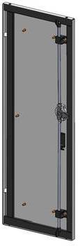 Eine rechteckige Glastür mit schwarzem Rahmen, von einem Seitenwinkel aus gezeigt, mit sichtbaren Scharnieren und einem zentralen Verschlussmechanismus.