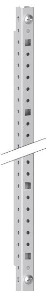 Eine weiße Metallschiene mit einer Reihe gleichmäßig verteilter Löcher entlang ihrer Länge, die wahrscheinlich für verstellbare Regalsysteme verwendet wird.